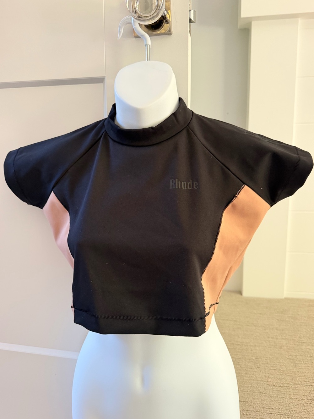 RHUDE Amazing Black & Camel Mock Neck Logo Crop Athletic Top S NWT $450!!